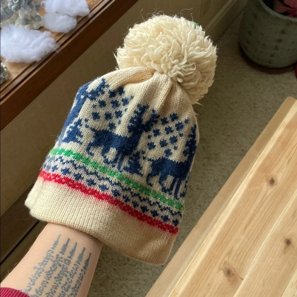Andres Vintage Kids Hand Knit Pure Wool Nordic Knit Reindeer Winter Hat